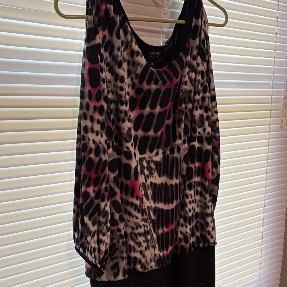 Nicole Miller Black and Pink Patterned cold shoulder, long sleeve, mini dress